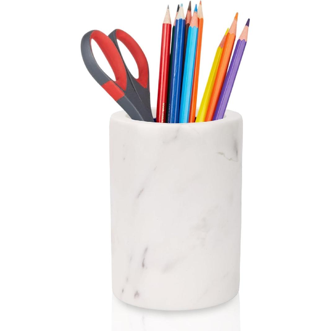 WORHE Natural Marble Pen Holder for Desk, Handcrafted Volakas Sturdy Desk Organizer for Office Supplies Storage Desktop Stationary Makeup Brushes Cup