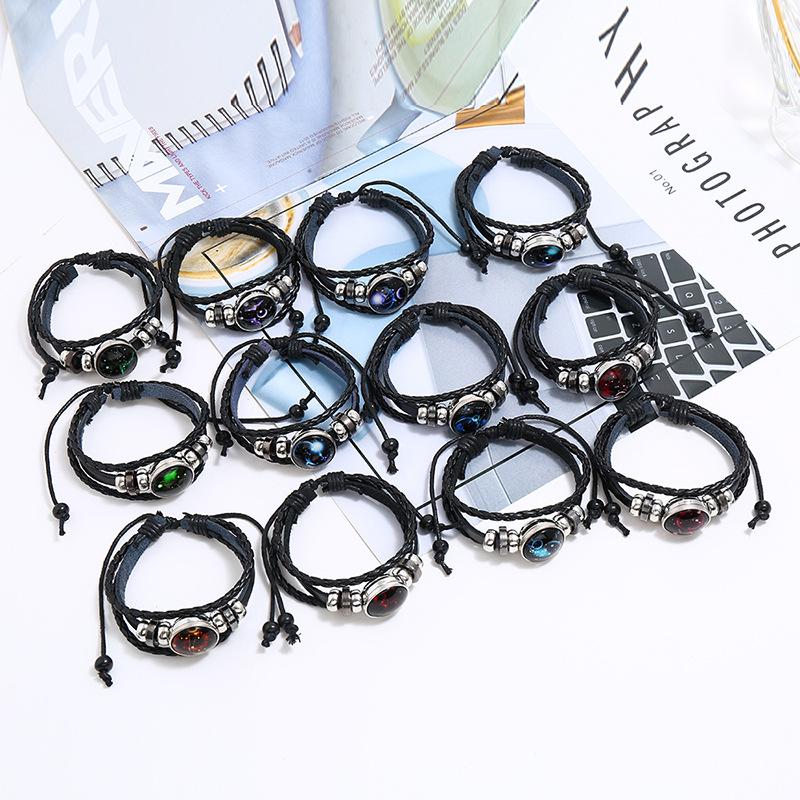 Cross-Border Hot-Selling Beaded 12 Zodiac Leather Bracelets, Popular Couple Gifts, Luminous Twelve Zodiac Starry Sky Bracelets