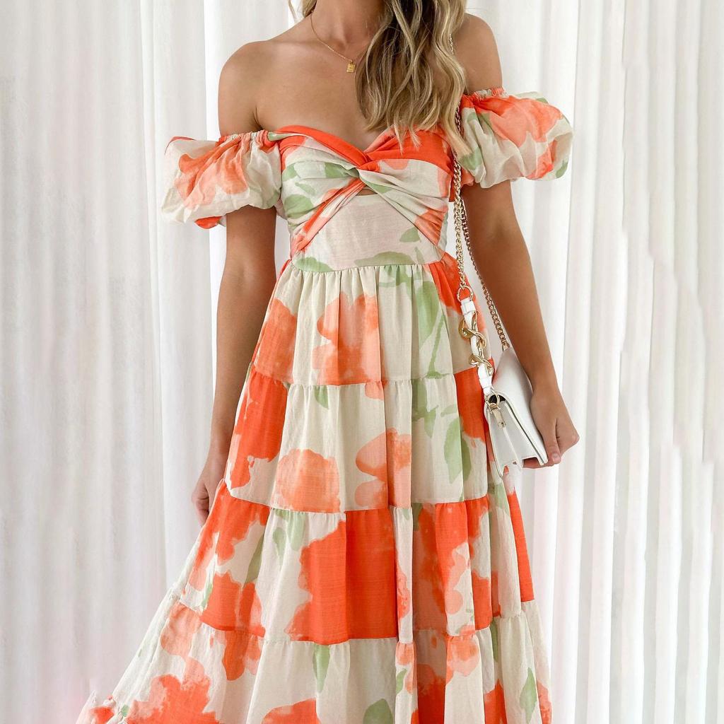 Summer Women's Fashion Print Pleated with Belt Ankel-Length V-Neck Dress