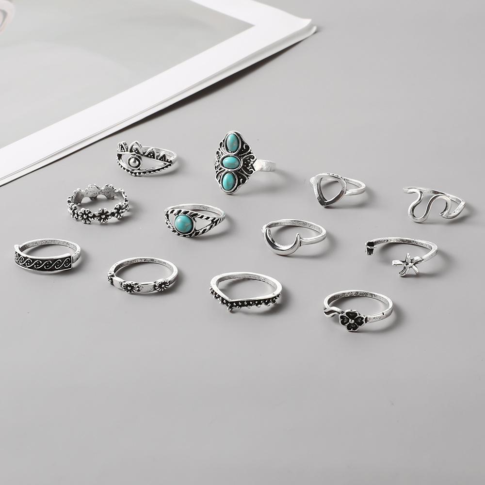 Ring Vintage Turquoise Crescent Carving Hollow 12 Piece Set Ring Women