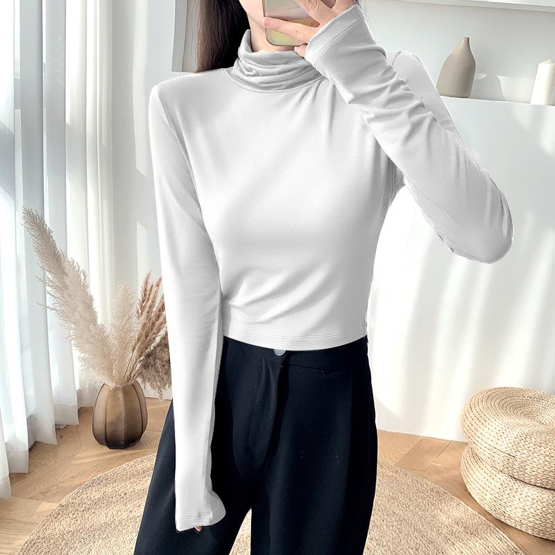 Kadın Dar Kesim Yüksek Yakalı Crop Top Uzun Kollu Gömlek