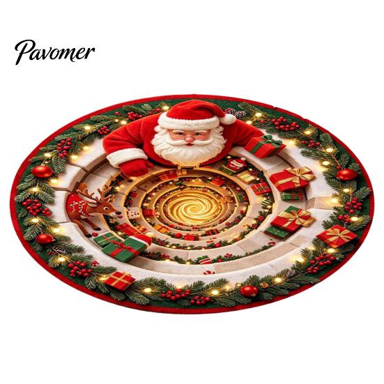 Unique Seasonal Gift Rugs Christmas Round Area Rug, 3D Visual Trap Floor Mat with Santa Elk Print, Soft Crystal Velvet Carpets Non-Slip Stain