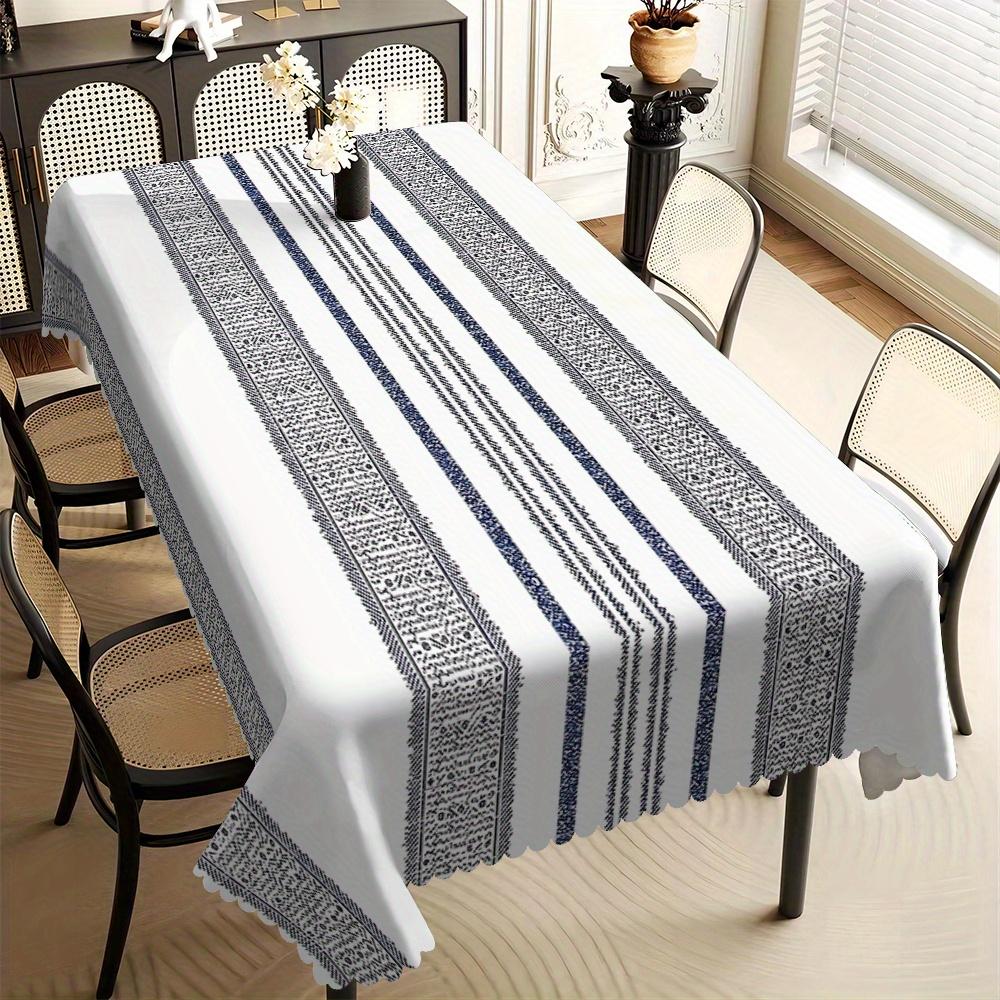 Nappe Bleue à Rayures Bohémiennes, Motif Géométrique Ethnique sur Fond Blanc, Bord Festonné, Résistante aux Taches, pour Salle à Manger & Usage Décontracté 140x200cm