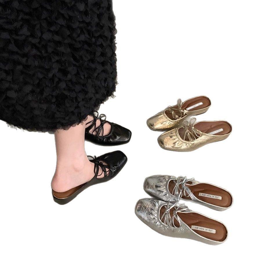 Inner Height-increasing Bow Silver Bag Head Half-drag Women's Shoes Fashionable Outer Wear 2025 New Summer Mary Jane Sandals