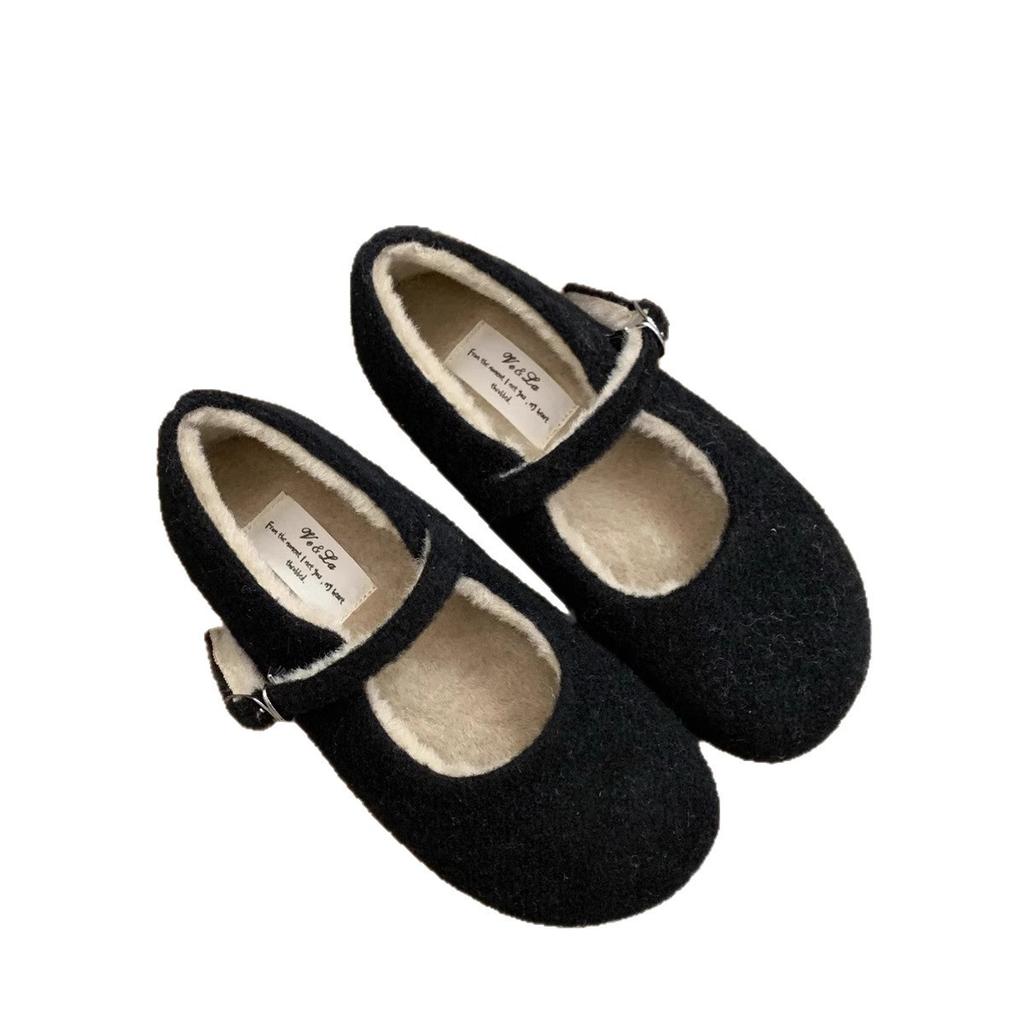 Thick-soled fluffy shoes women's shoes wear 2025 new autumn and winter velvet warm cotton shoes versatile Mary Jane single shoes