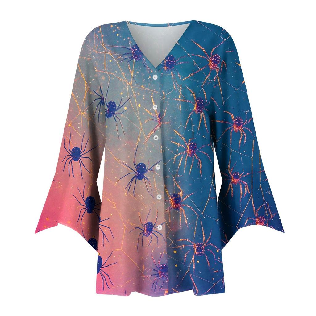 Damen Locker Lässig Bedruckt Siebenärmel Knopfleiste Hemd Strickjacke Top