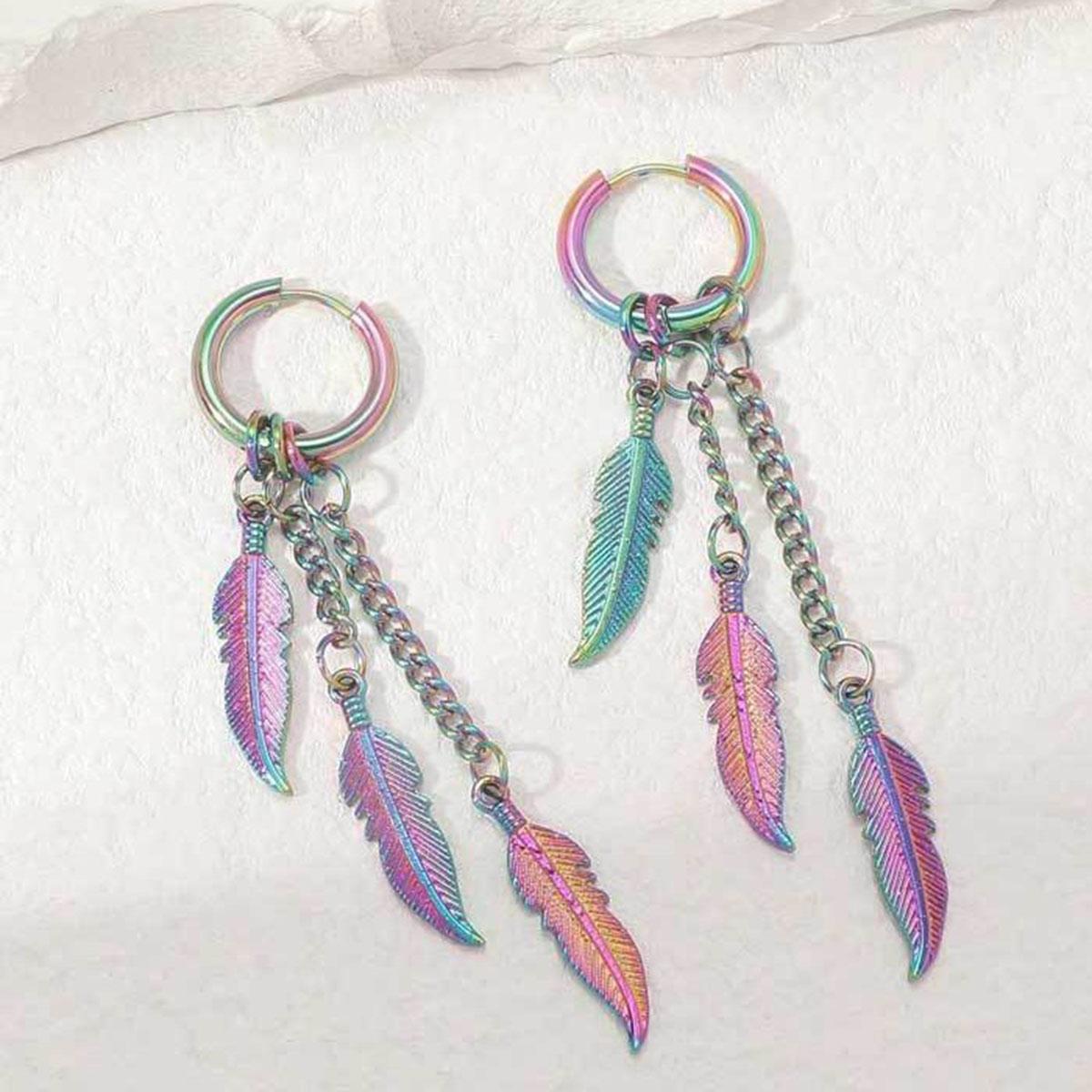 

2pc Punk Colored Stainless Steel Feather Earrings, Leaf Chain Earrings, Long Earrings, Suitable For Women s Gatherings
