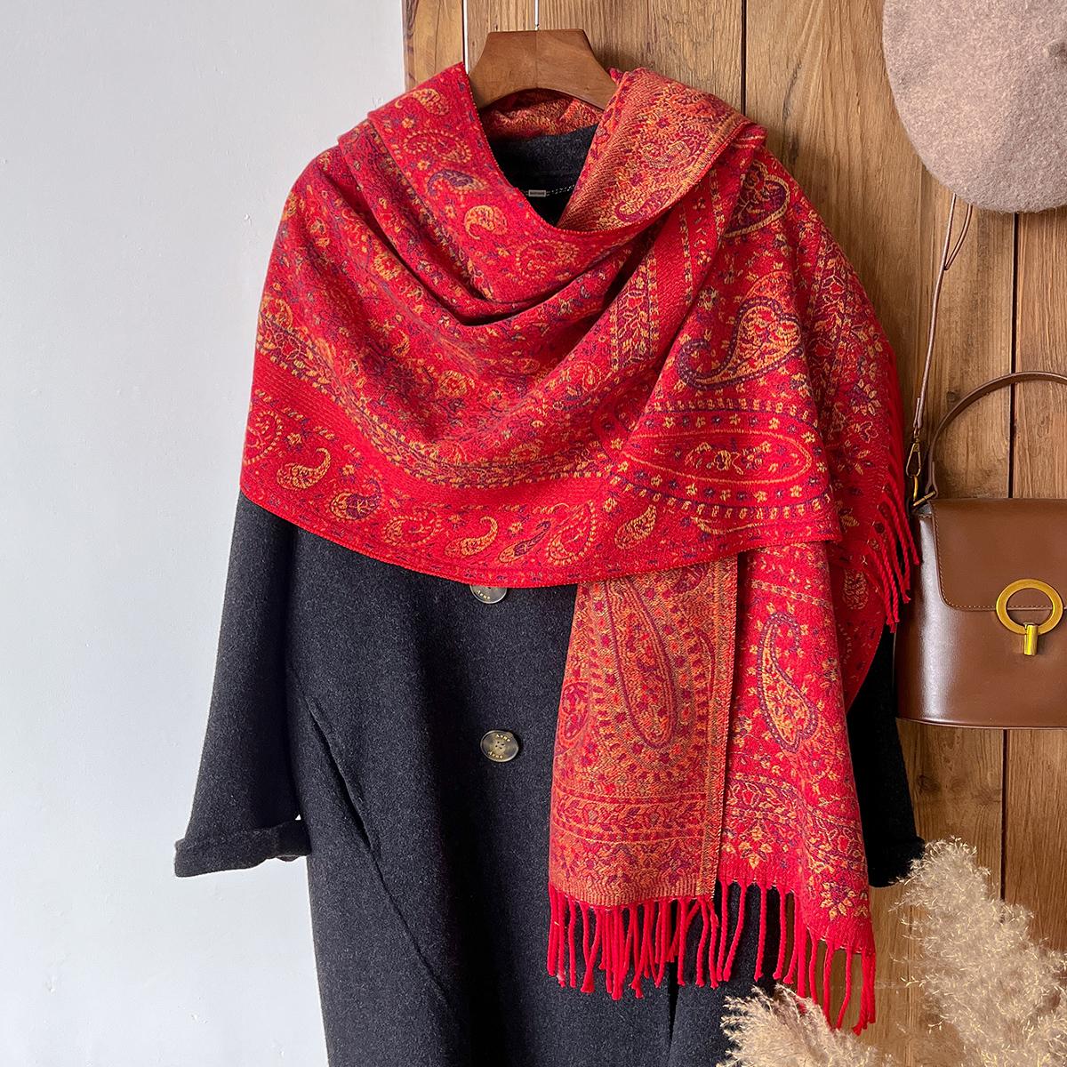 

Зимнее одеяло с кисточками в национальном стиле, дизайн пейсли, толстая пашмина, теплая шаль, принт, шарф, женское пончо, стола для согревания