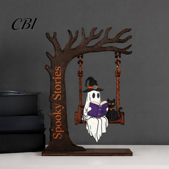 Kantoorbureau Decoratie Items Halloween Desktop Schommel Decor, Spookachtige Huis Lezen Geest op Een Beeldje Uniek Houtbewerking Cadeaus voor Woonkamer Keuken