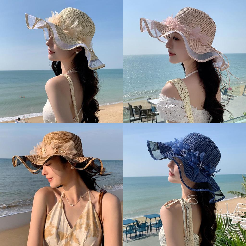Summer Pearl Floral Straw Hat With Wide Brim For Outdoor Travel Sun Protection