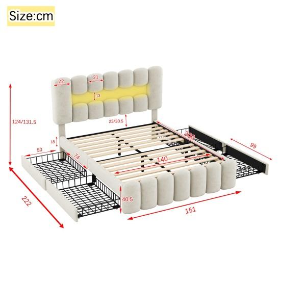 140 X 200cm Large Storage Capacity Upholstered Bed with LED Light Strip USB 4 Drawers Headboard Ergonomic Design Velvet Cover Teen Bed Home