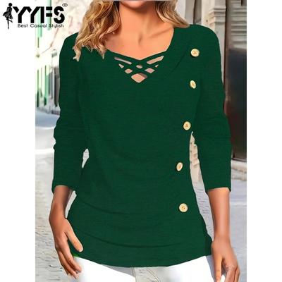 Damenmode, lässig, Frühling und Herbst, einfarbig, langärmelig, V-Ausschnitt, Blusen und Hemden