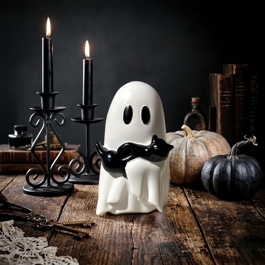Cute, Spooky Halloween Ghost-Shaped Black Cat Plush Toy Measuring 1.1 Inches (Mini Size), Made of Resin Material,Desk Decoration