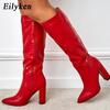 Eilyken Fashion Women Knee High Motorcycle Boots Sexy Pointed Toe Square Heels Long Zipper Female Botas De Mujer Largas