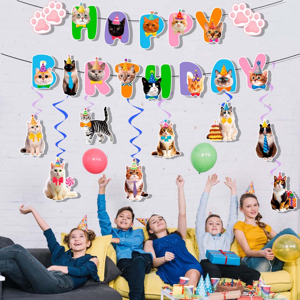 Cat Party Decoration Banner Swirl, 9 Pieces Cat Hanging Swirl Decorations, Cat Birthday Banner Cat Party Hanging Swirl
