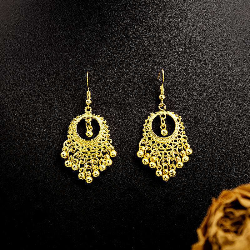 

Bohemian Ethnic Peacock Tassel Earrings with Golden Bells and Leaf Pendant