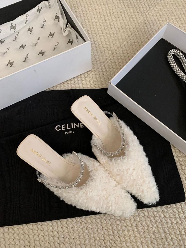 Plush pointed rhinestone half slippers women's 2025 autumn French muller shoes