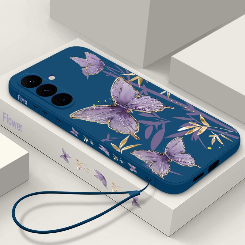 Case For Samsung Galaxy S24 S25 Ultra S23 S22 Ultra S21 S20 FE Butterfly Bamboo Pattern Lanyard Case For Samsung A56 A17 A26 A16 A36 A55 A54 A53 A15