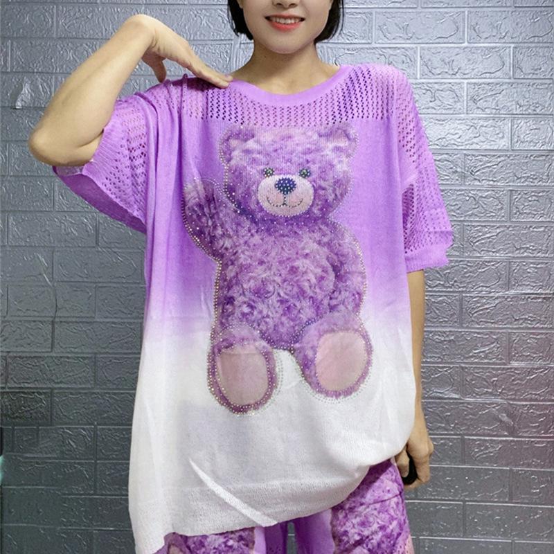 

Женский градиентный вязаный комплект из двух предметов с медведем - Стильный, стройнящий и молодежный образ One Size