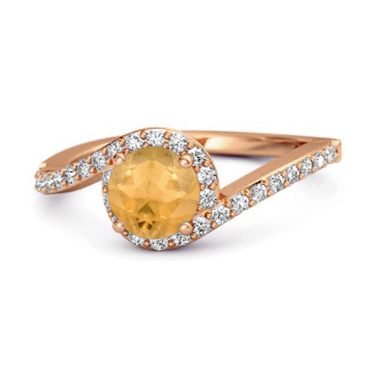 Citrine Asymmetrical Halo White Accents Ring - 925 Sterling Silver Rose Gold Vermeil 8