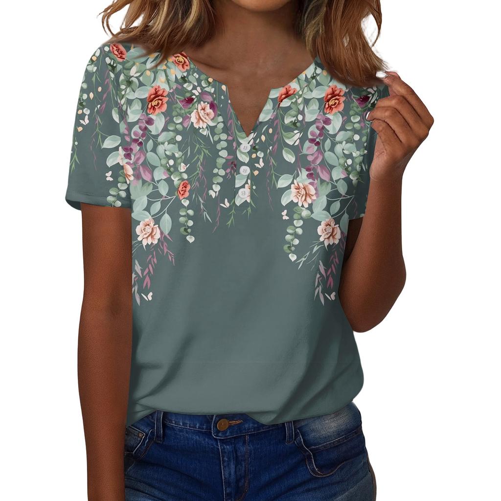 Sommer Oberteile für Damen Knopfleisten Blusen für Damen Elegant Lässig V-Ausschnitt T-Shirts