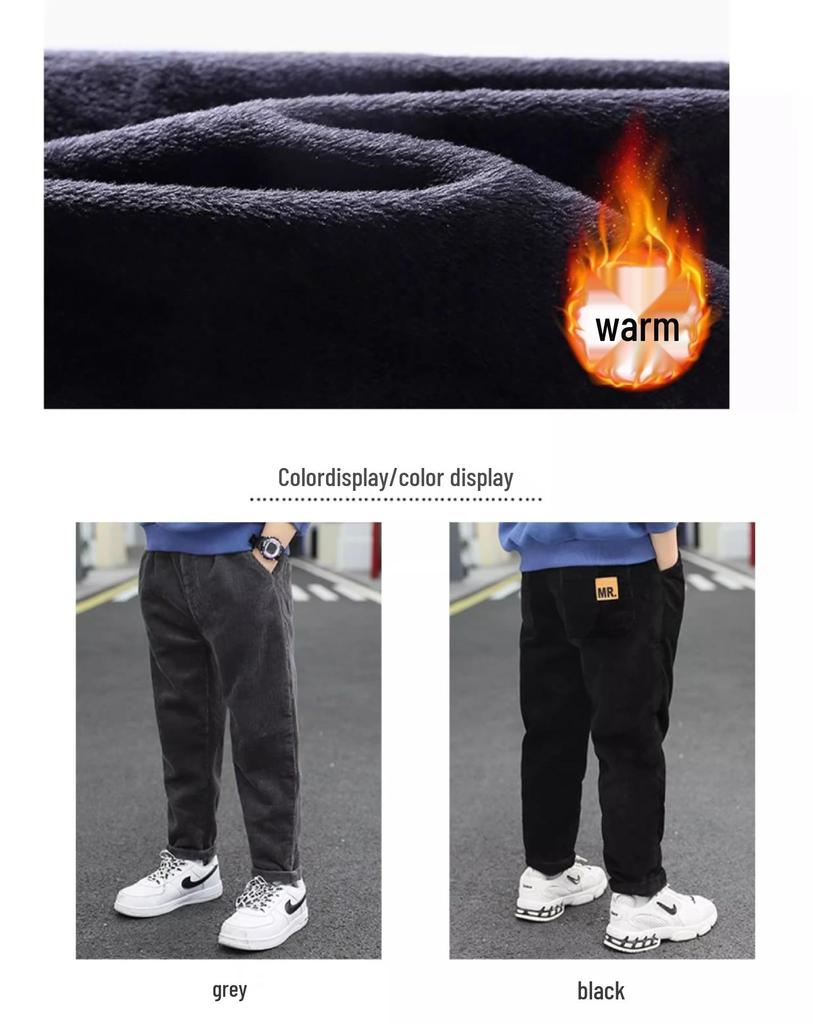 Boys' Corduroy Plus Velvet Winter Pants - New 2025 Style Long Sweatpants for Kids