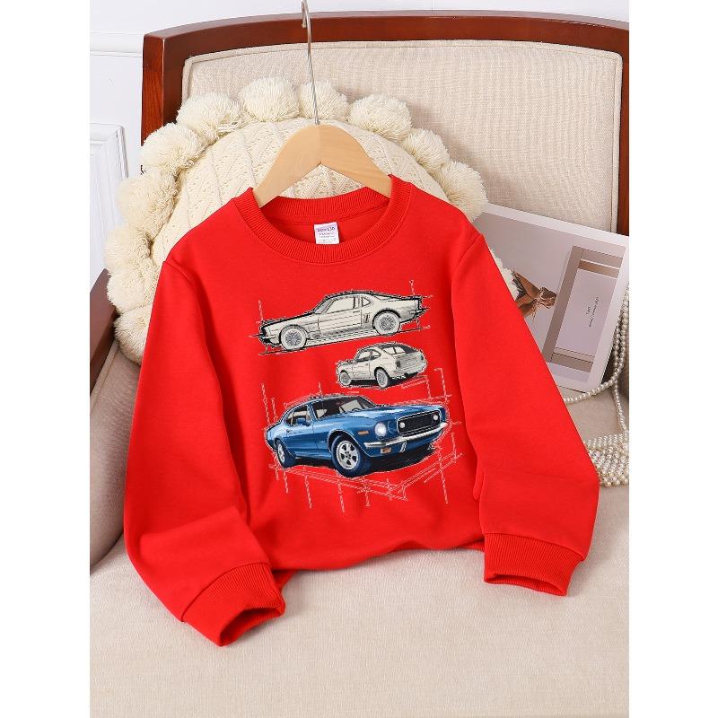European sizes Classic Muscle Car Blueprint Girls' Crew Neck Fashion Sweatshirt, Autumn Winter Western Top, Long Sleeved Casual.