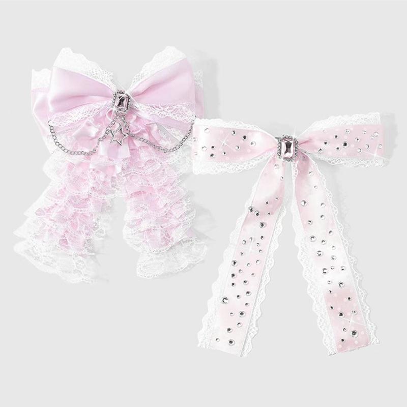 Ribbon Style Lace Hair Clip Pink and White Hair Accessory with Center Accent for Side Hair and Daily Styling Use