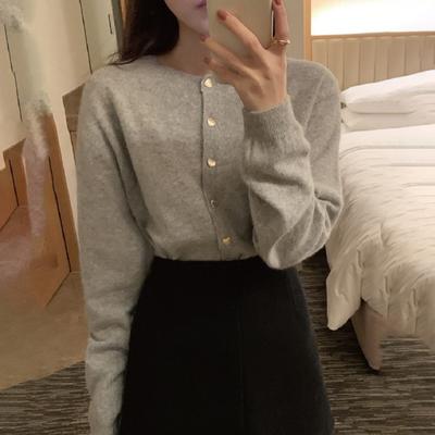 Cardigan da donna in maglia, scollo rotondo, manica lunga, bordo a coste, monopetto, vestibilità ampia, tinta unita, capispalla