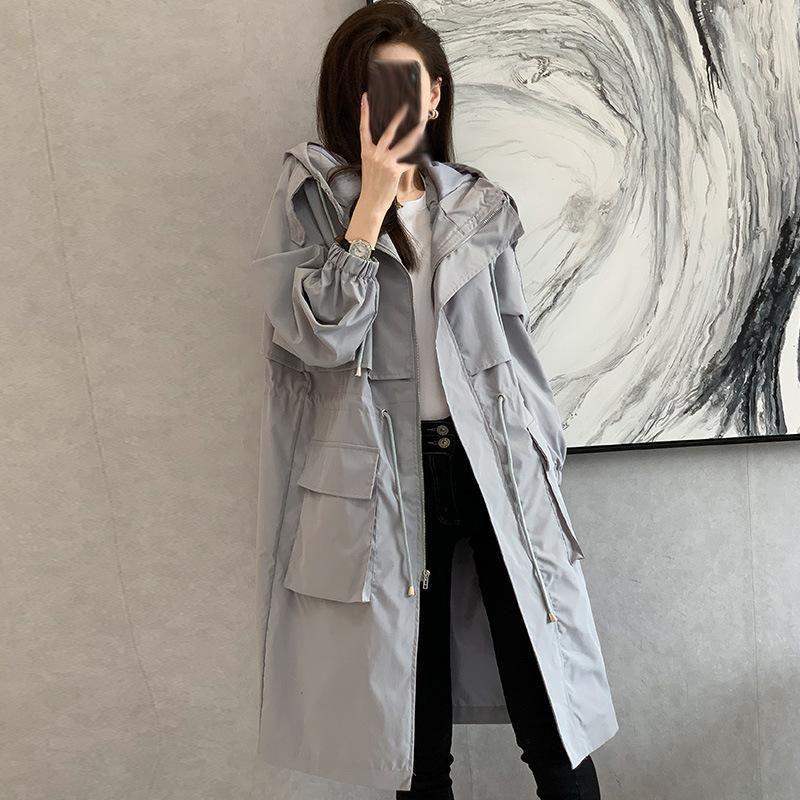 Women's Spring Solid Color Hooded Casual Mid-length Straight Thin Jacket