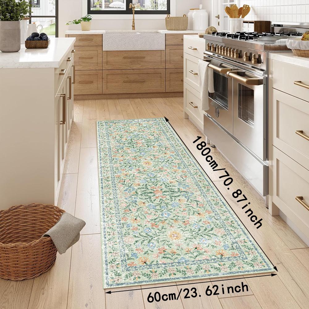 Machine Washable Green Flower Design Dirt-Resistant Carpet