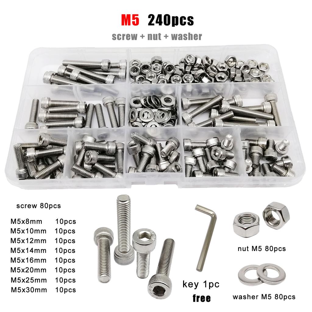 1 Box M1.6 M2 M2.5 M3 M4 M5 M6 M8 DIN912 304 A2 Stainless Steel Hex Hexagon Socket Allen Cap Head Screw Bolt Nut Assortment Kit