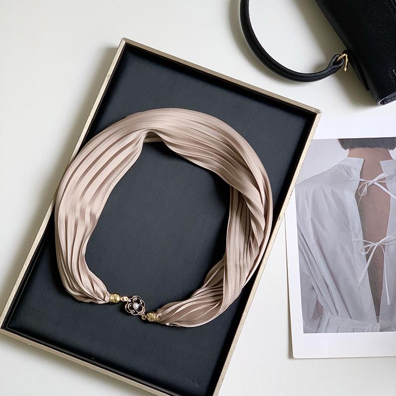 New Monochrome Magnetic Variety Silk Scarf Necklace Women's Pleated Summer Sunscreen Headscarf Decorative Scarf