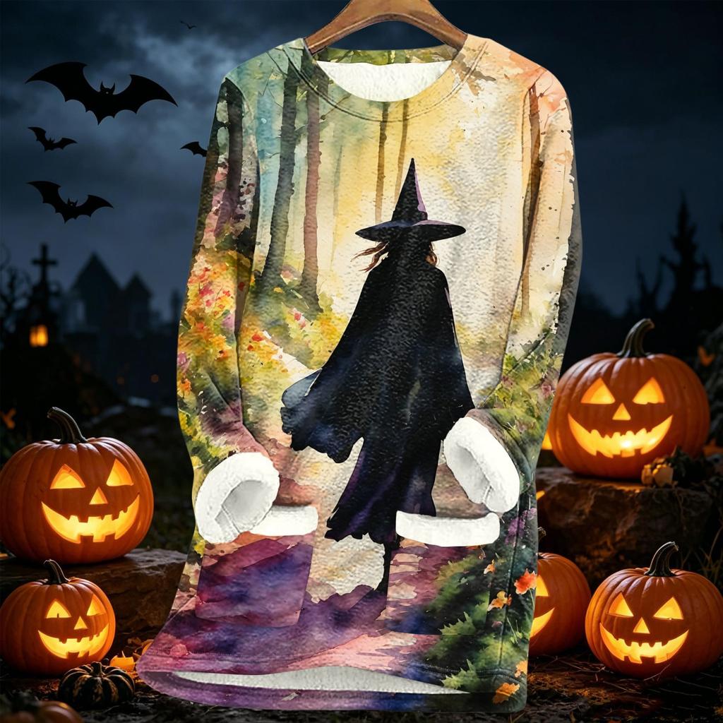 Women's Halloween Print -Lined Long Jacket for Fall and Winter Warmth