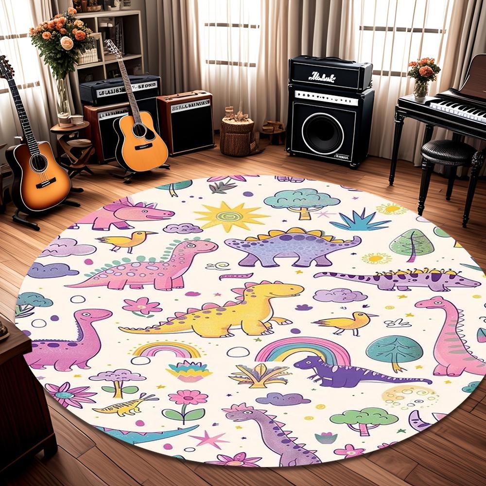 Cute Playful Round Cartoon Dinosaur Theme Kids Decor Rug for Kids' Playroom Nursery Living Room Home Decor Soft Non Slip Durable