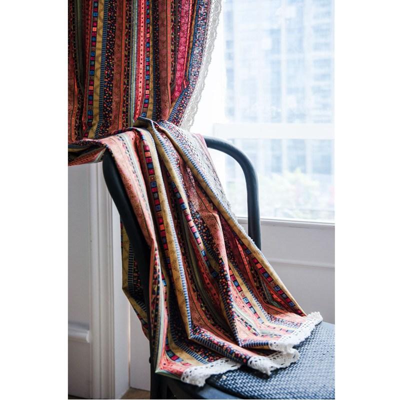 Cotton Linen Boho Rainbow Stripes Printing Curtain with Tassel Drape Blackout Valance Luxury Living Room Bedroom Curtains