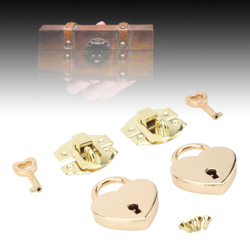 2 Sets Wooden Box Hasp Padlock Set Antique Zinc Alloy Hasp Clasp and Hrt Shaped Padlocks with Keys