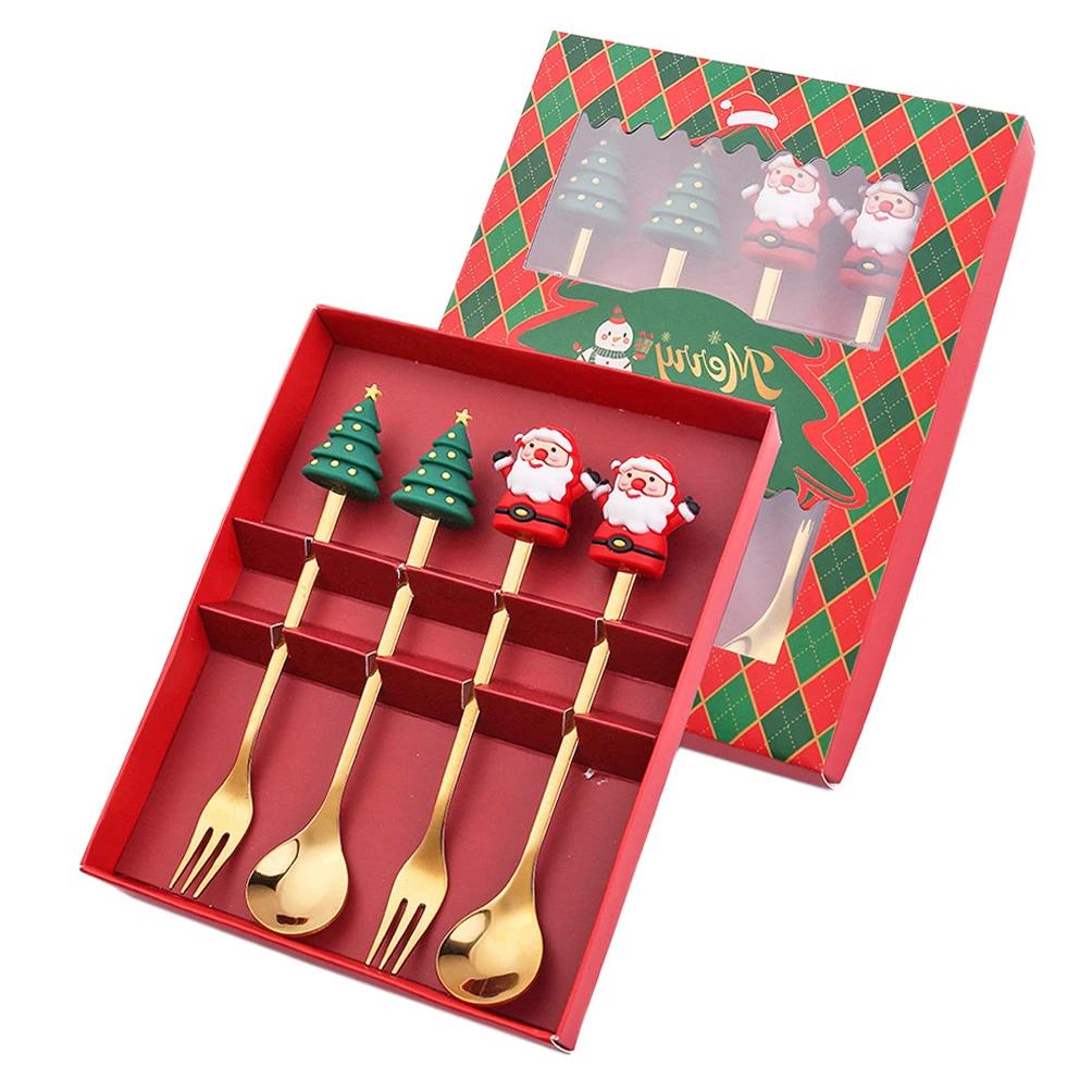 2/4/6PCS Christmas Gift Glod Spoon Fork Set Elk Christmas Cutlery Set Tree Decoration Dessert Scoop Fruit Fork Coffee Spoon