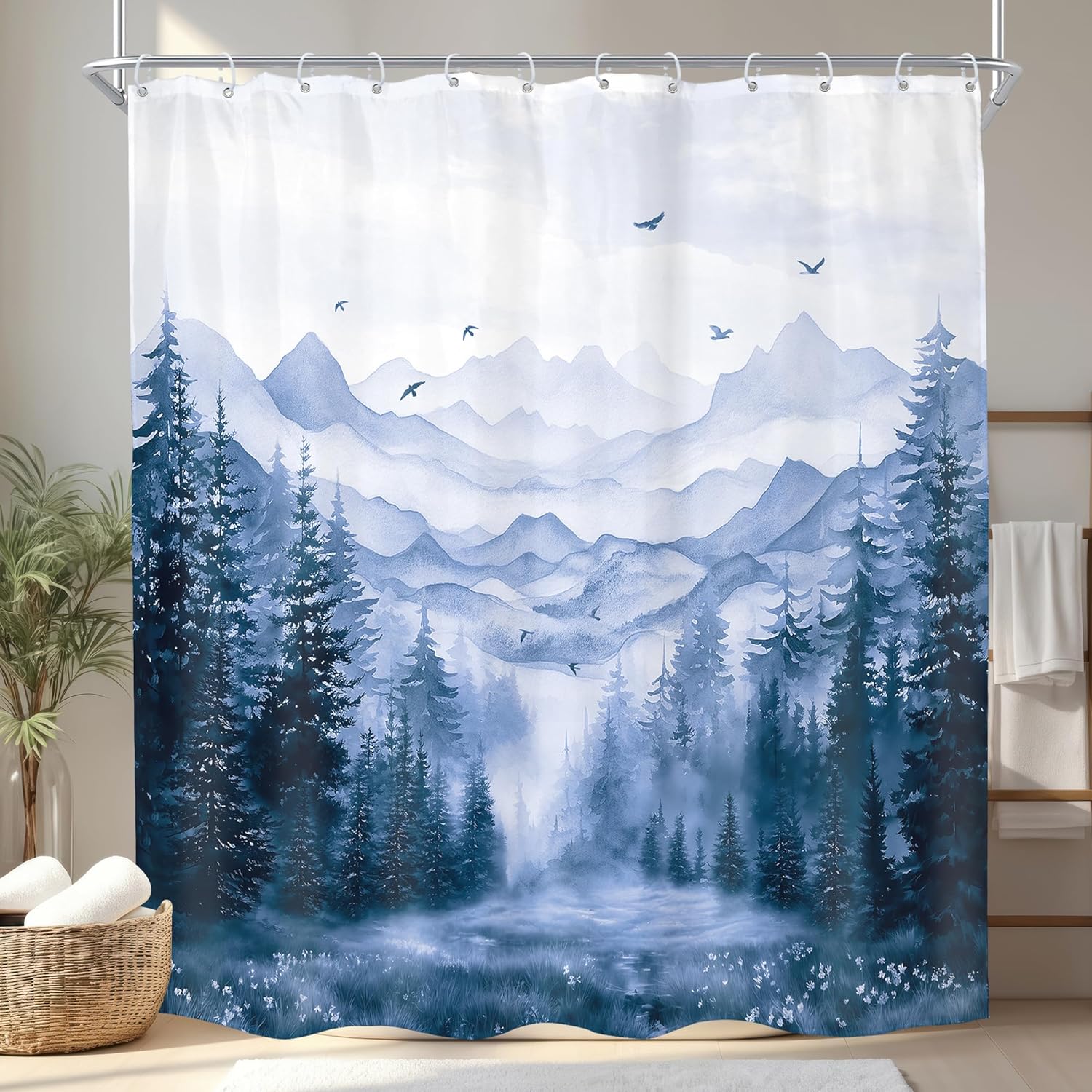 

Rustic Green Mountain Shower Curtain For Bathroom Nature Misty Pine Tree Modern Woodland Watercolor Scenery Landscape Fabric W60H190(CM)-1 Pcs