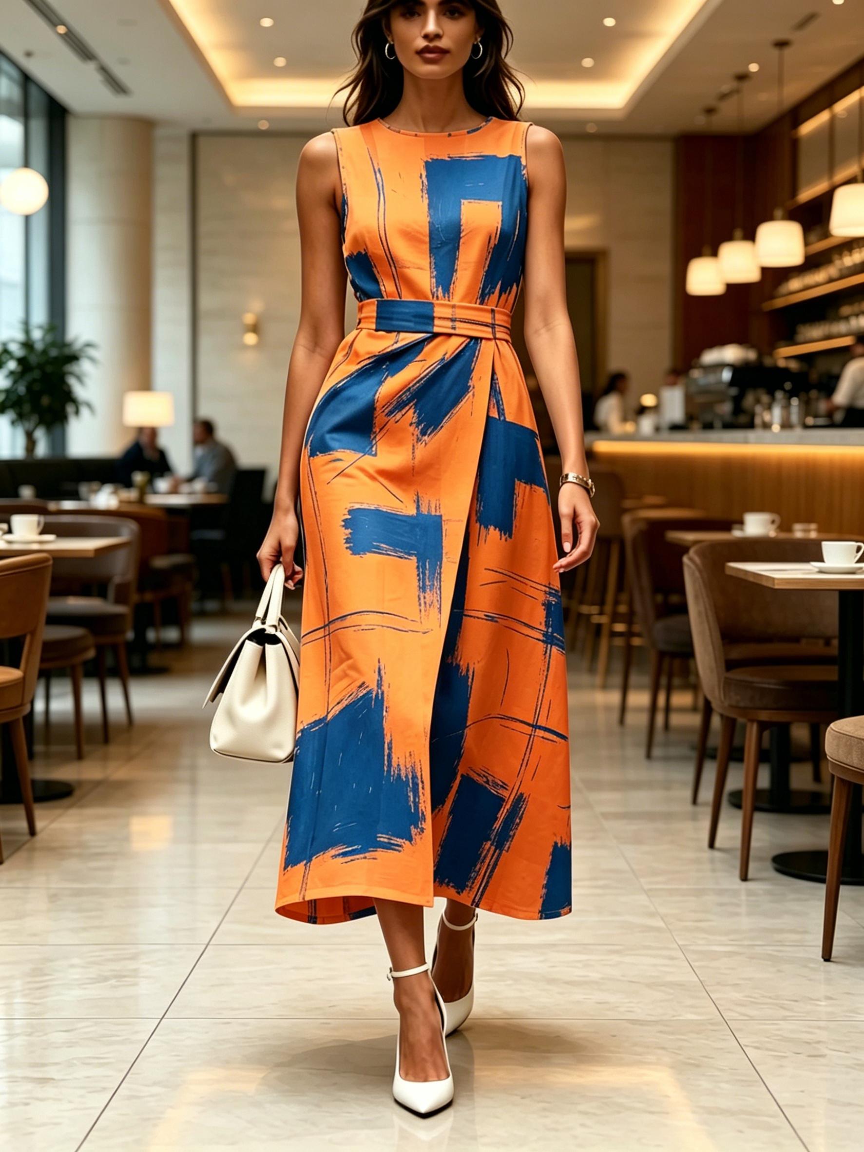 

Round Neck Sleeveless Midi Dress Abstract Brushstroke Print Orange And Blue Color Womens Modern Elegant Casual Fashion Spring Summer Womens Clothing XXL