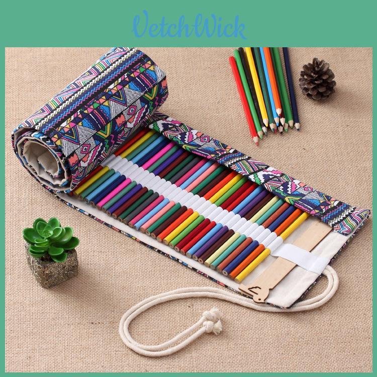 Ethnic Style Colored Geometric Pattern Pencil Canvas Storage Bag For Artists And Students