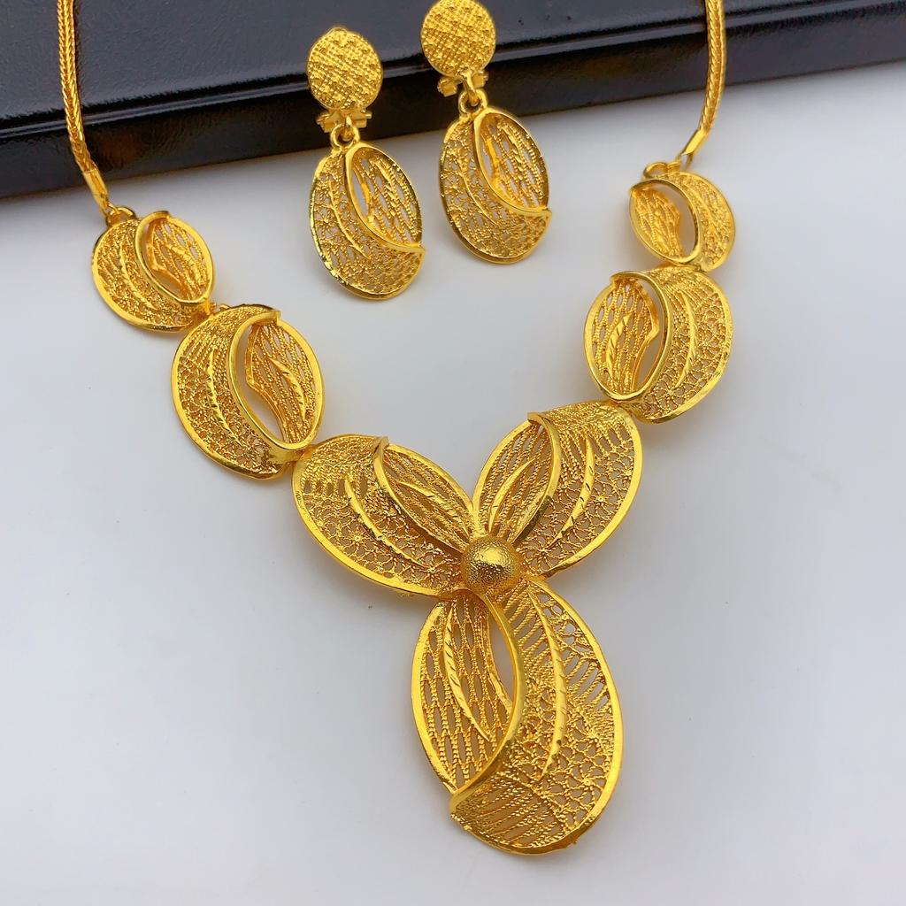 24K Vergoldetes Nigerianisches Legierungs-Hochzeits-Schmuckset Dubai-Stil Halskette Ohrringe Set Halsketten für Damen Set