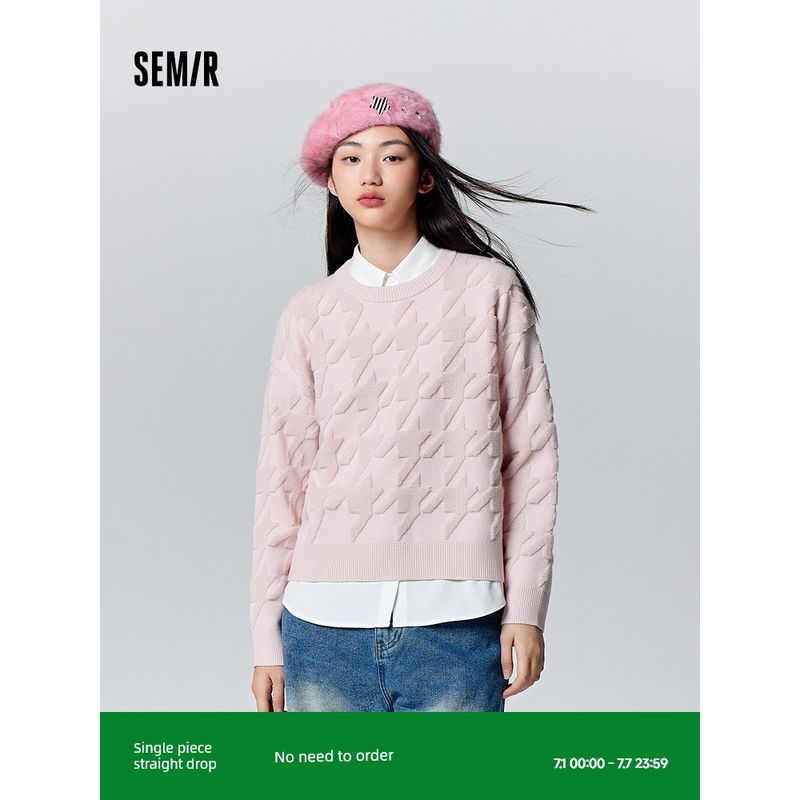 

Senma Sweater Women s Loose Fashion Temperament Crew Neck Clothes Easiest for Match Winter Elegance Houndstooth Pullover Lady Literature Red 00366 165/88A/L