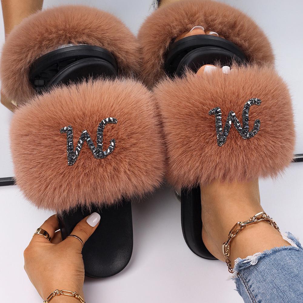 Slide Sandals Oversized Fur Slides Fox Fur Slides Brown Fuzzy