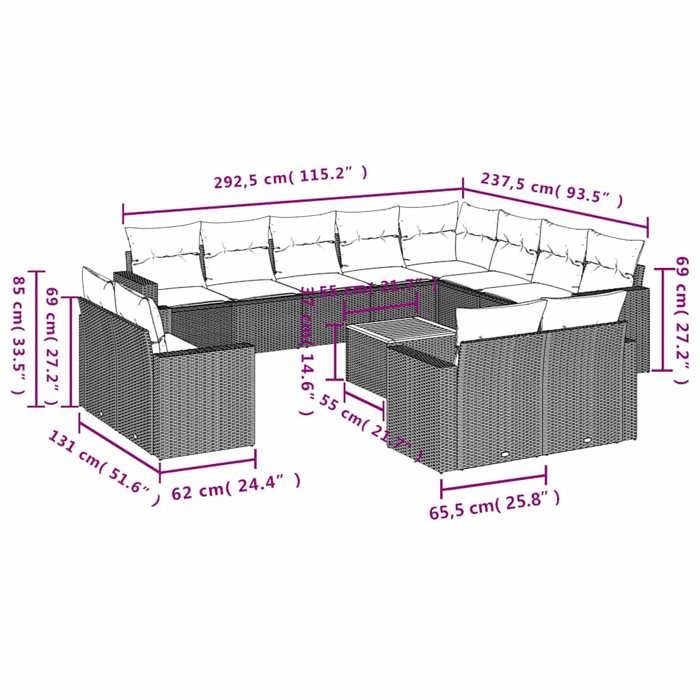 VidaXL Salon de Jardin avec Coussins 13 pcs, Canapés de Patio, Ensemble de Meubles, Mobilier de Terrasse Exterieur, Gris 3256726