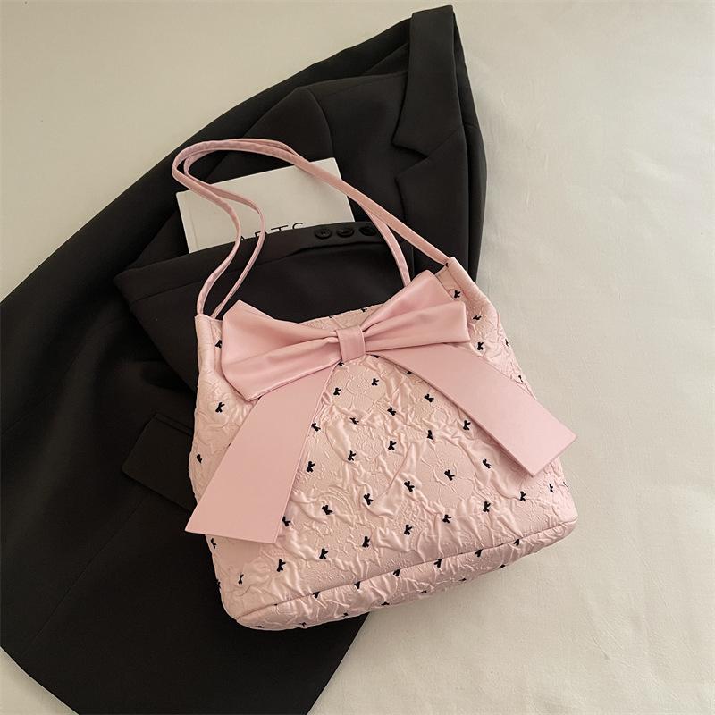 Sweet Pleated Bow Polka Dot Shoulder Bags for Women Large Capacity Ladies Casual Tote Versatile Female Handbags Shopping Bag
