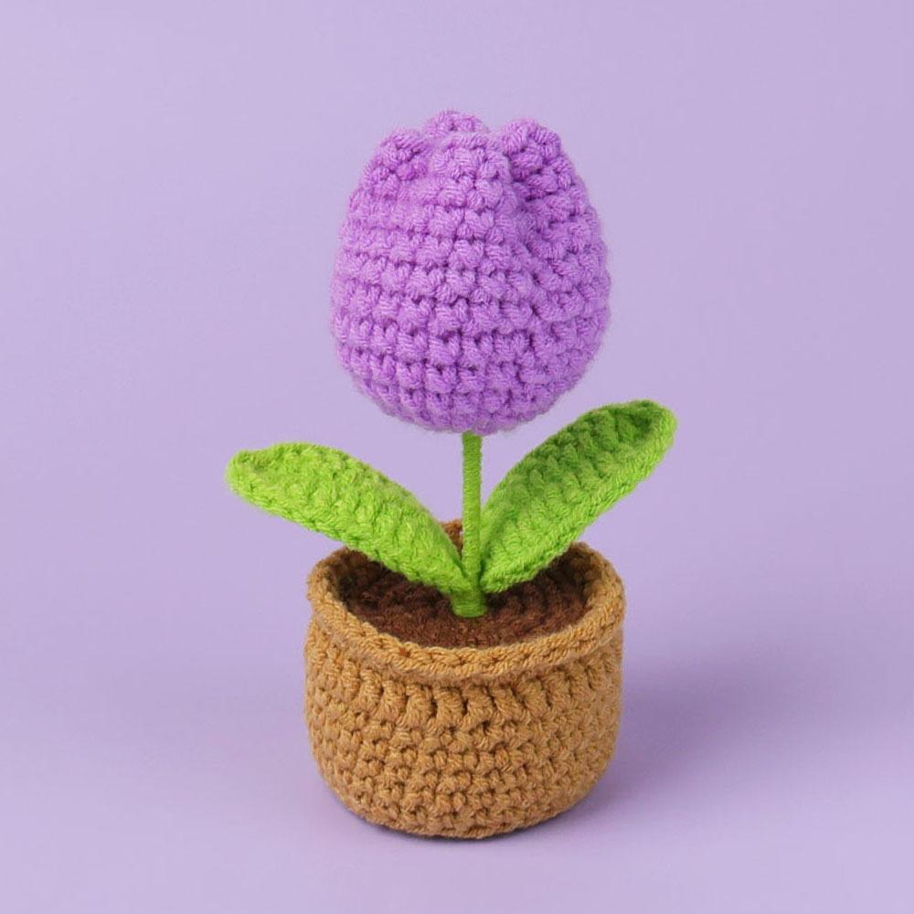Tulip Crochet Flowers Pot Cute Knit Flower Creative Crochet Plant Pot Tulips Knitting Flower Car Table Home Decor