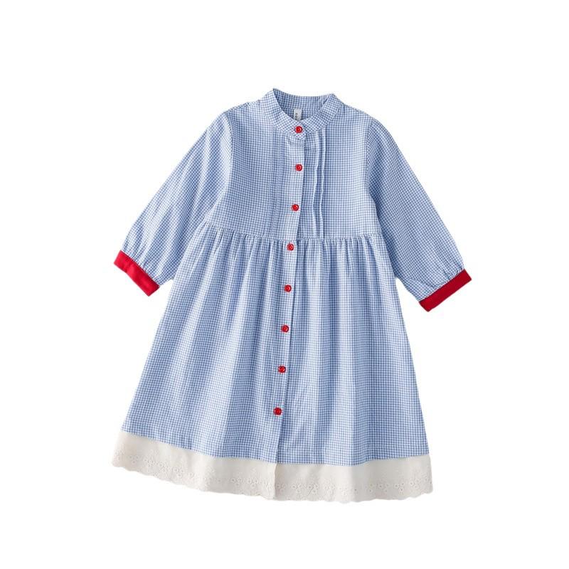 2025 Spring Korean Retro Plaid Knee-Length Dress with Buttons for Girls