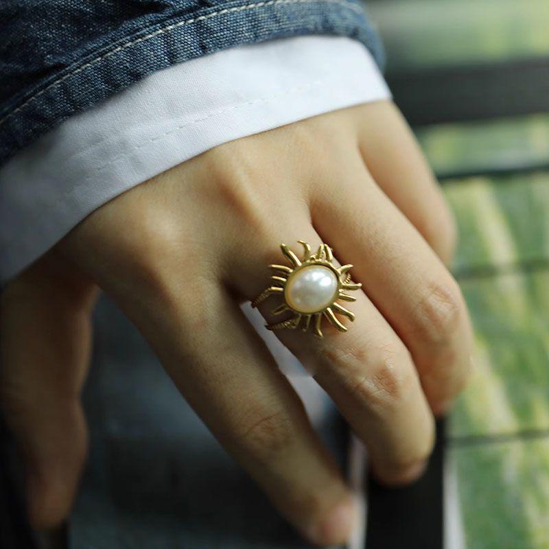 Gold & Silver Sunflower Pearl Ring for Women - Retro Autumn/Winter Court Style Adjustable Index Finger Accessory Adjustable Open Size