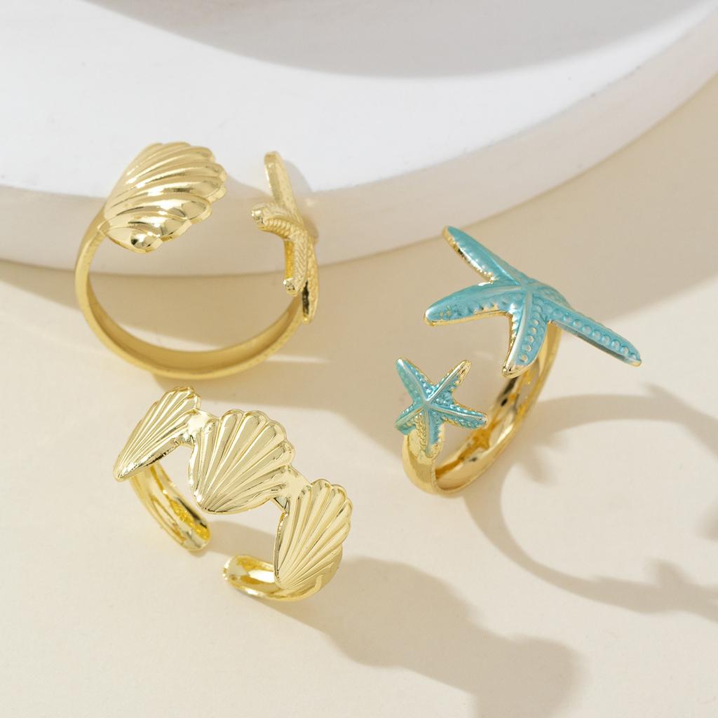 3pcs Set Bohemia Irregular Ocean Starfish Seashell Opening Rings for Women Summer Beach Vacation Jewelry Stacked Ring Accessory